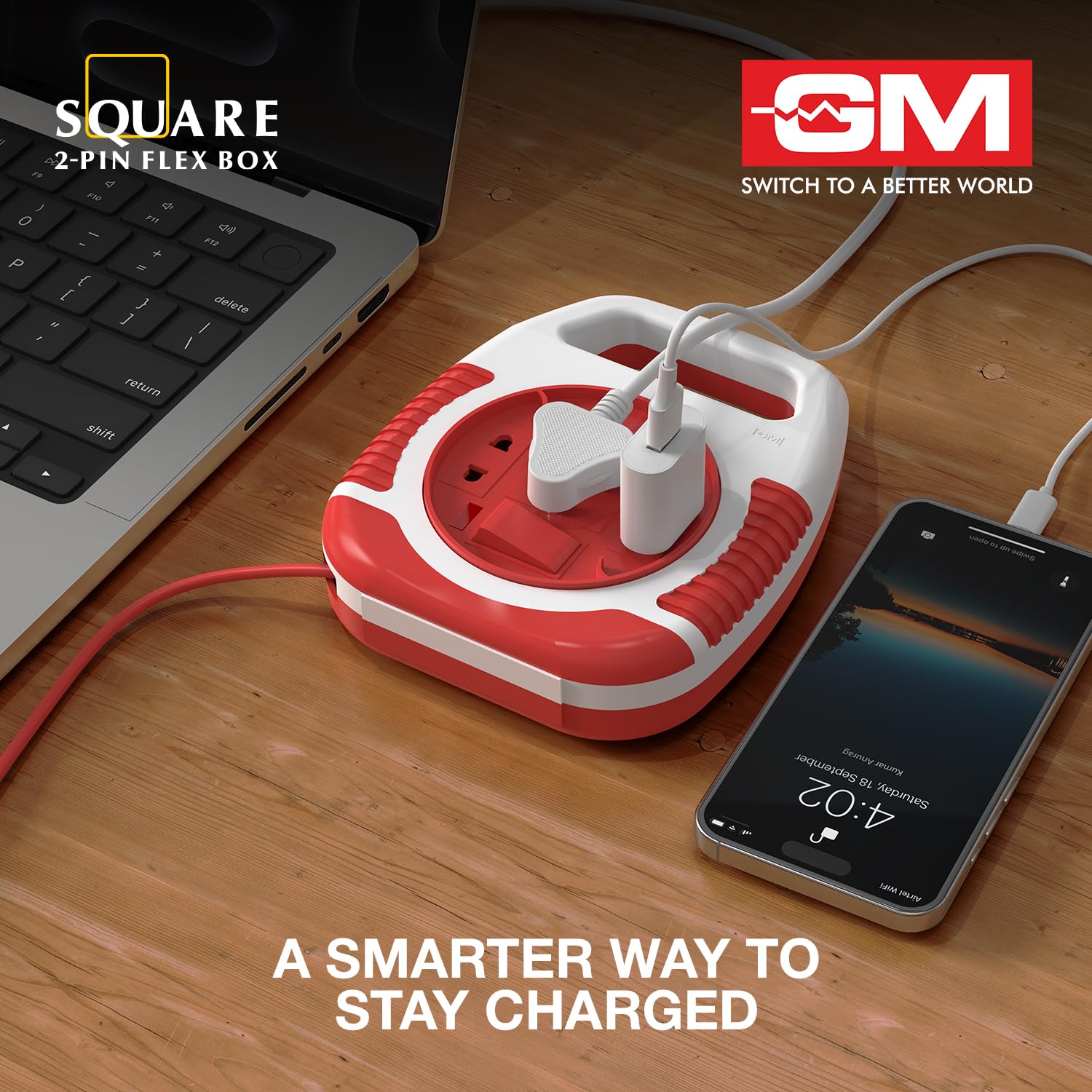 GM 3040 Square Flex Box – 3-Socket 2‑Pin Extension Cord with Handle, LED Indicator & International Socket (5 m, Polycarbonate)