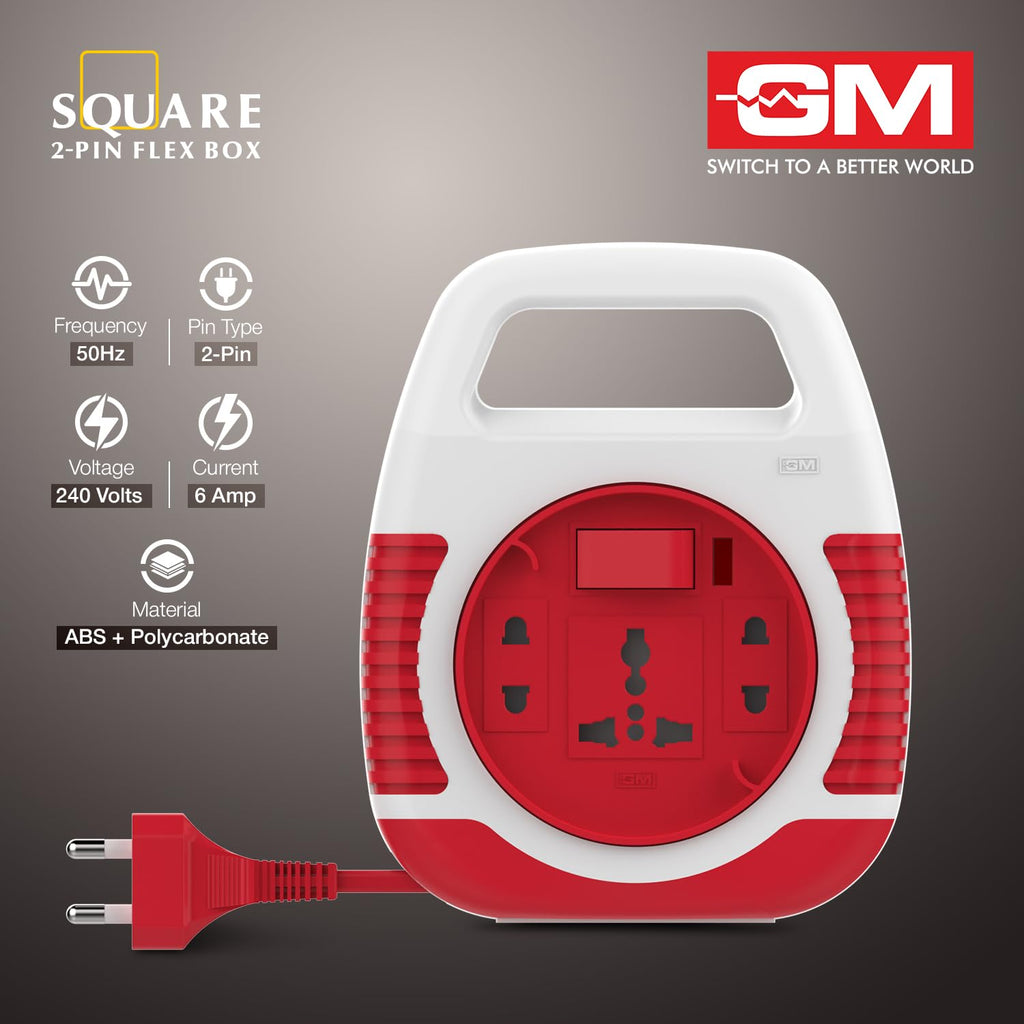 GM 3040 Square Flex Box – 3-Socket 2‑Pin Extension Cord with Handle, LED Indicator & International Socket (5 m, Polycarbonate)