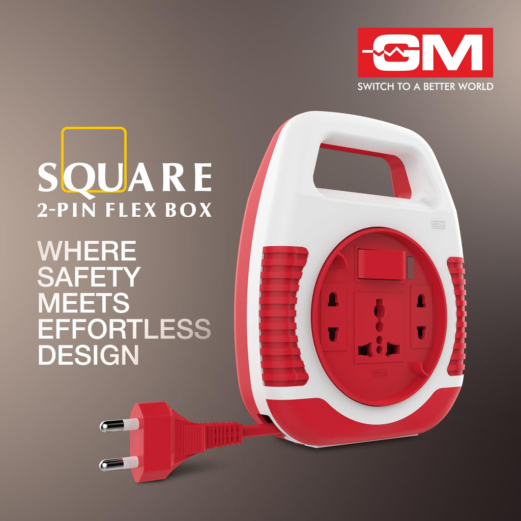 GM 3040 Square Flex Box – 3-Socket 2‑Pin Extension Cord with Handle, LED Indicator & International Socket (5 m, Polycarbonate)
