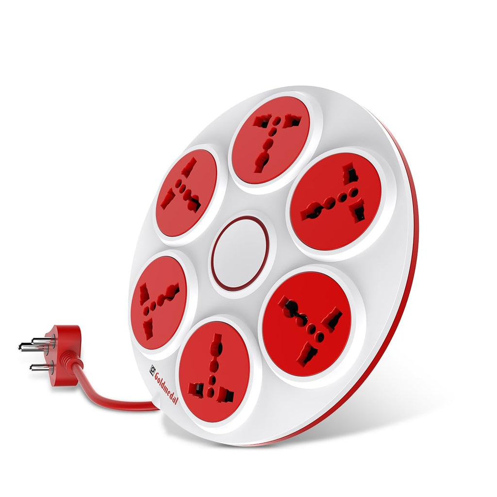 Goldmedal 360 Degree Power Strip (White) | 6-Outlet Universal Sockets | 3-Pin Plug | 2 Meter Cable | Master Switch with Led Light Indicator and Overload Protector | for Home & Office|