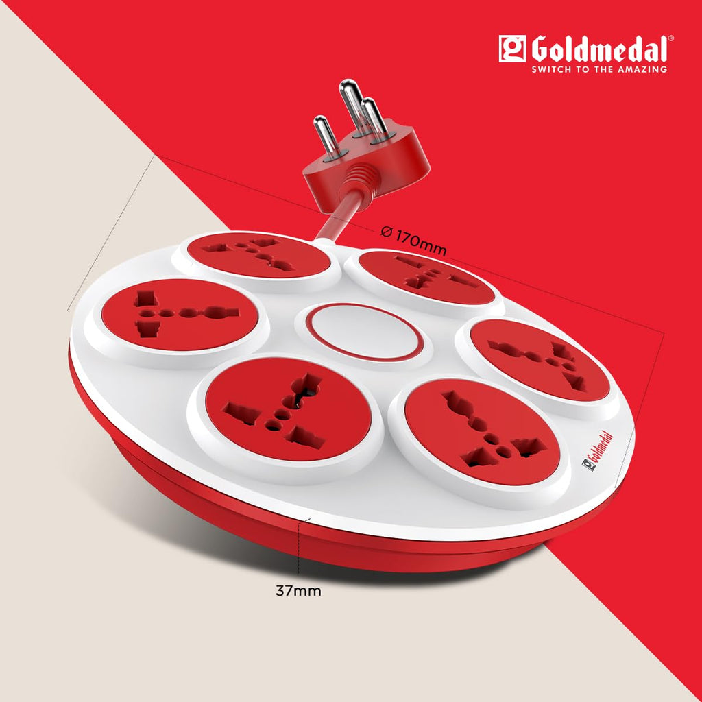Goldmedal 360 Degree Power Strip (White) | 6-Outlet Universal Sockets | 3-Pin Plug | 2 Meter Cable | Master Switch with Led Light Indicator and Overload Protector | for Home & Office|