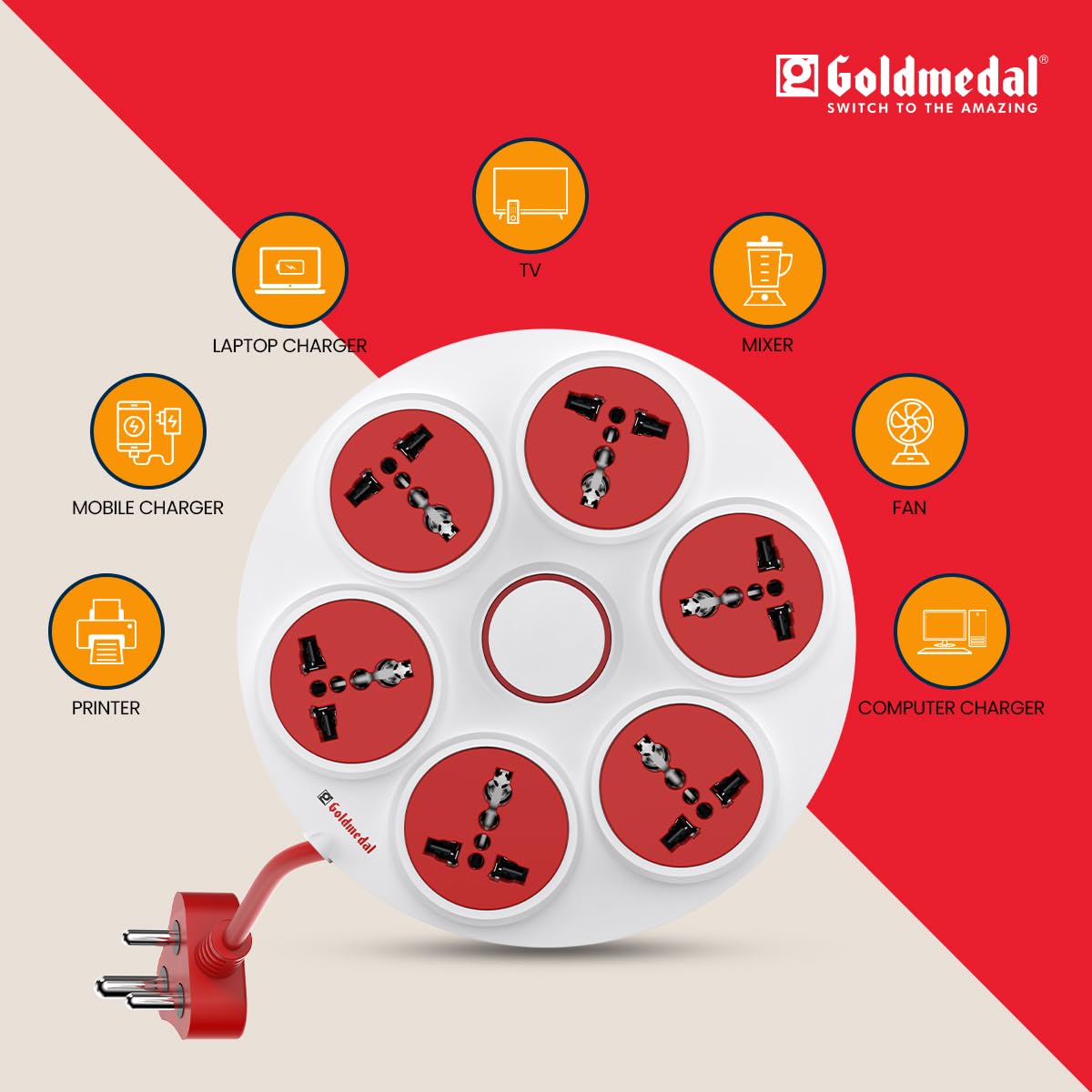 Goldmedal 360 Degree Power Strip (White) | 6-Outlet Universal Sockets | 3-Pin Plug | 2 Meter Cable | Master Switch with Led Light Indicator and Overload Protector | for Home & Office|