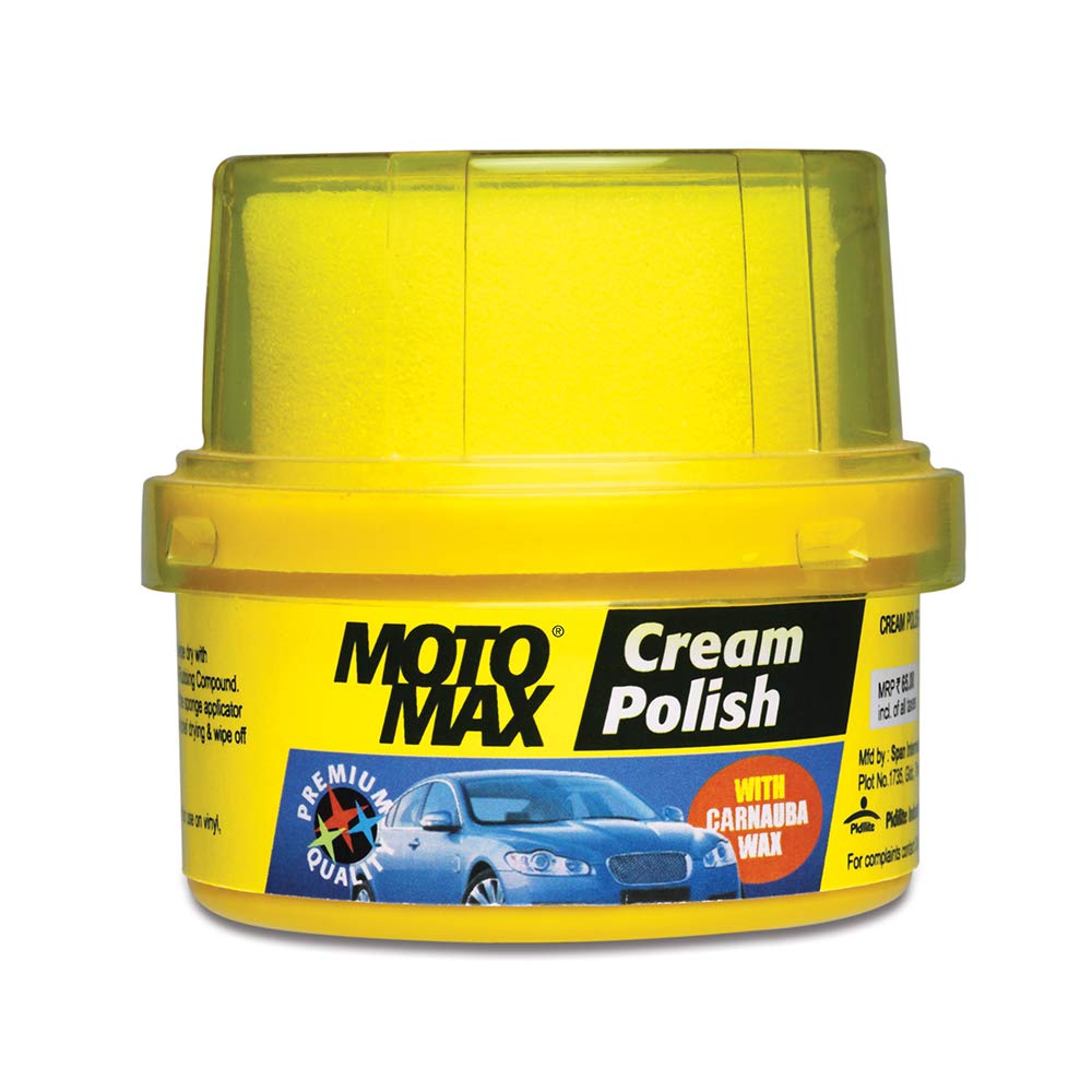 Motomax Cream Polish, 60gm with Carnuba Wax, with Sponge, Clean Polish Shine Cars, Bike, Motorcycle| Long term Protection from pollutant, rain water repellant | Shine painted, plastic & metal surfaces