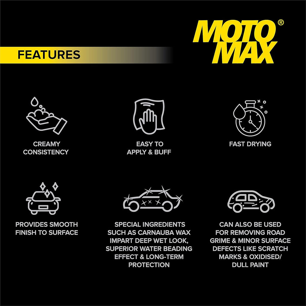 Motomax Cream Polish, 60gm with Carnuba Wax, with Sponge, Clean Polish Shine Cars, Bike, Motorcycle| Long term Protection from pollutant, rain water repellant | Shine painted, plastic & metal surfaces