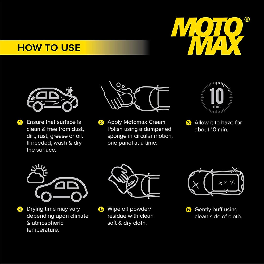 Motomax Cream Polish, 60gm with Carnuba Wax, with Sponge, Clean Polish Shine Cars, Bike, Motorcycle| Long term Protection from pollutant, rain water repellant | Shine painted, plastic & metal surfaces