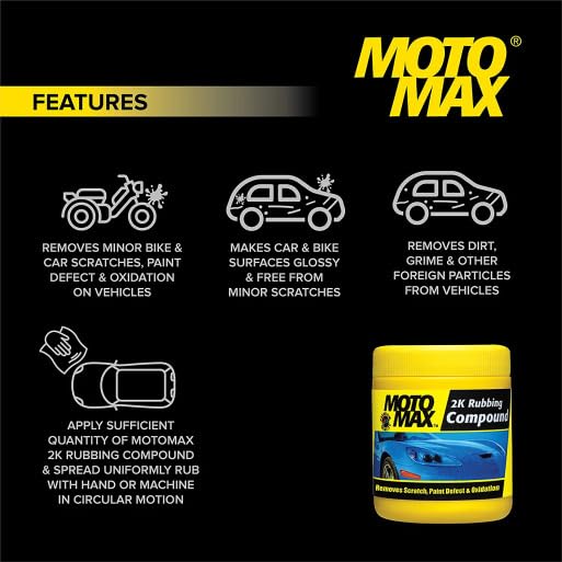 Motomax 2K Rubbing Compound 200g | Removes Minor Scratches, Swirl Marks, Paint defect and Oxidization from metal surfaces on Cars, Bike, Motorbikes | Removes dirt, grime, stains to make surface glossy