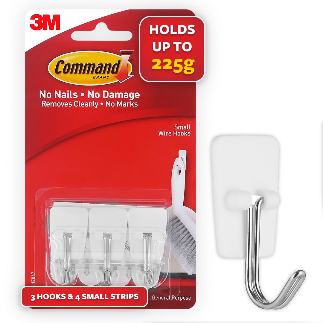 3M Command, Small Wire Wall Hooks, Up to 225gms, Holds Strongly, Reusable, Adhesive hooks for wall, Multi-surface damage free hooks for hanging (White, 3hooks, 4 strips), Plastic