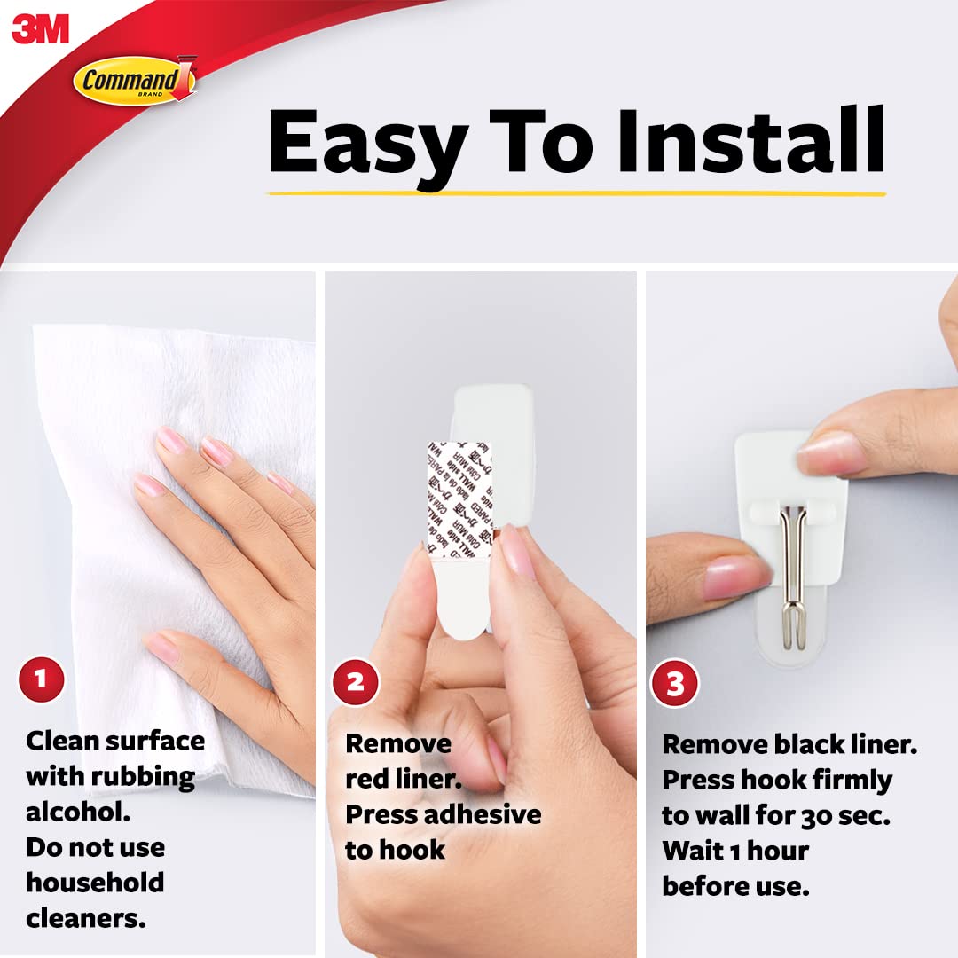 3M Command, Small Wire Wall Hooks, Up to 225gms, Holds Strongly, Reusable, Adhesive hooks for wall, Multi-surface damage free hooks for hanging (White, 3hooks, 4 strips), Plastic