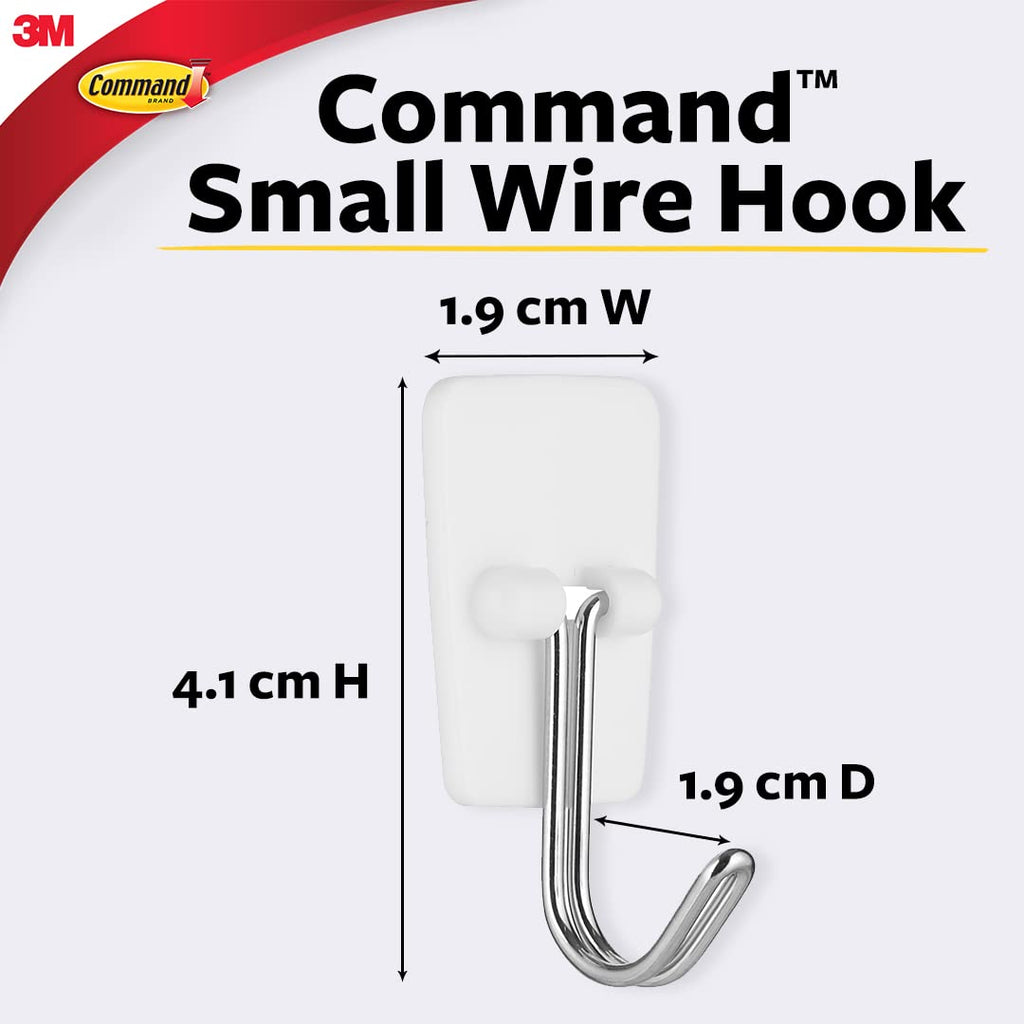3M Command, Small Wire Wall Hooks, Up to 225gms, Holds Strongly, Reusable, Adhesive hooks for wall, Multi-surface damage free hooks for hanging (White, 3hooks, 4 strips), Plastic