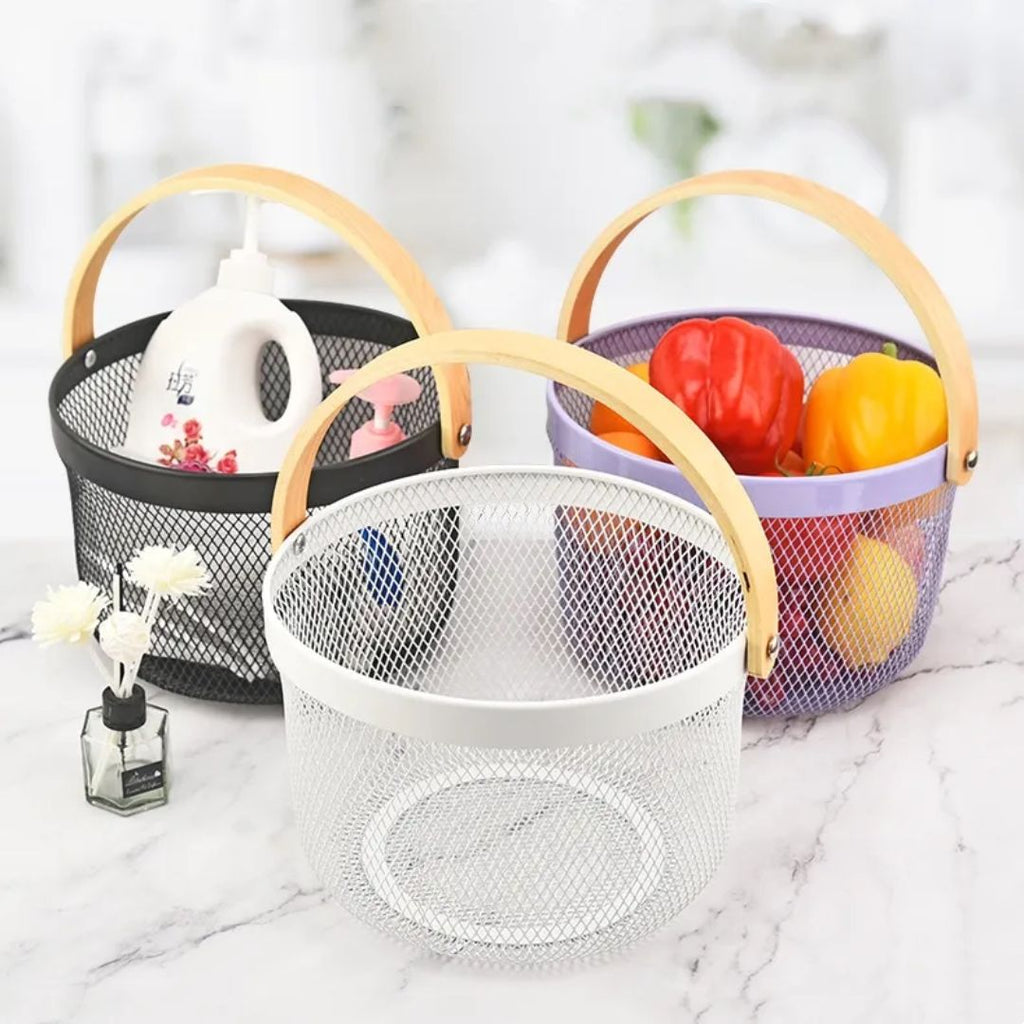 Round Wooden Handle Fruits Basket
