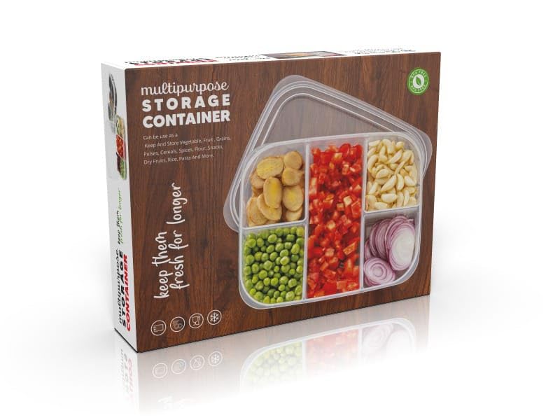 Multipurpose 5 Section Plastic Fridge Storage Container | Airtight, BPA-Free | For Vegetables, Fruits, Spices, Snacks