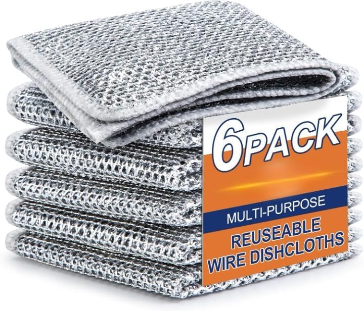 Non-Scratch Dish Wash Cloth (Pack of 6), Steel Wire Dishwashing Rags for Wet and Dry Stainless Steel Scrubber Non-Scratch Wire Dishcloth for Washing Dishes Sinks Counters