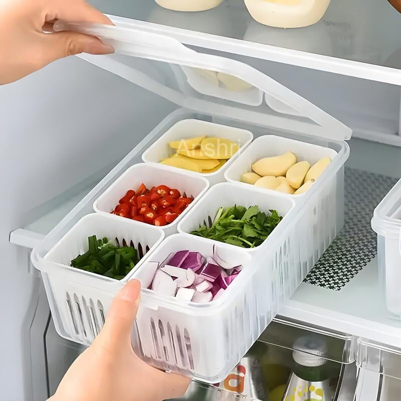 6 in 1 Fridge Storage Boxes Freezer Storage Containers, Kitchen Storage Set, Vegetable Storage, Draining Crisper Refrigerator Food Box,Container for KitchenStorage