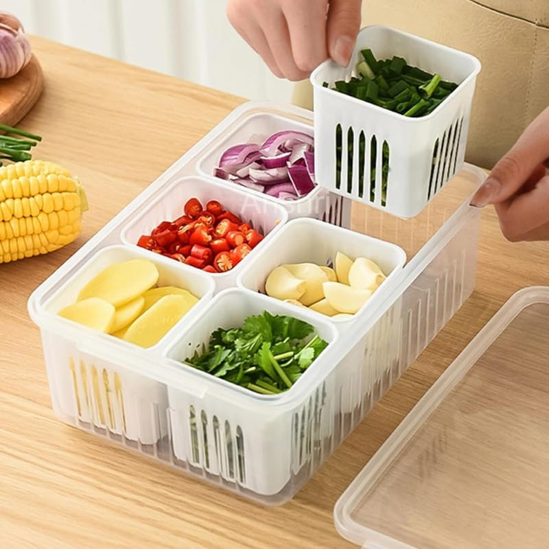 6 in 1 Fridge Storage Boxes Freezer Storage Containers, Kitchen Storage Set, Vegetable Storage, Draining Crisper Refrigerator Food Box,Container for KitchenStorage