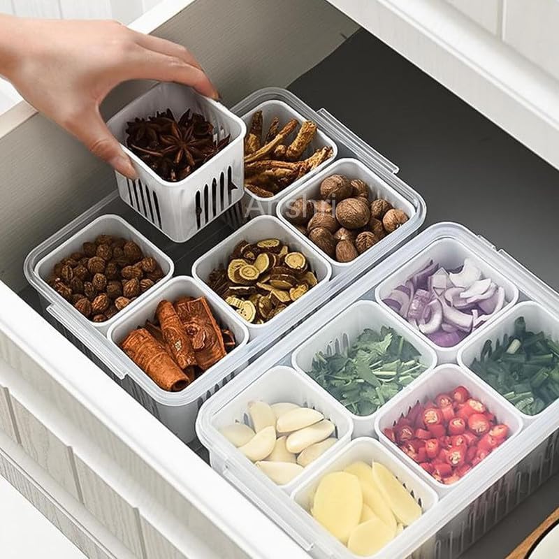 6 in 1 Fridge Storage Boxes Freezer Storage Containers, Kitchen Storage Set, Vegetable Storage, Draining Crisper Refrigerator Food Box,Container for KitchenStorage