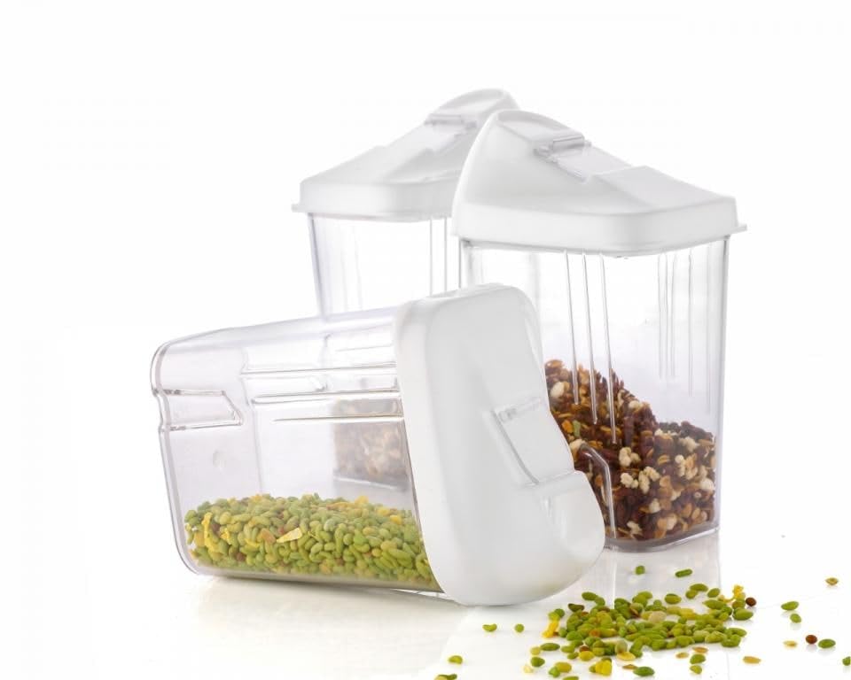 Containers Plastic Transparent Storage Containers Set Rectange Easy Flow Jars Grocery Canister Sliding Top Airtight Dabba for Kitchen Combo Set. SIGMA CONTAINER 750ML (3PCS PER 1 SET)