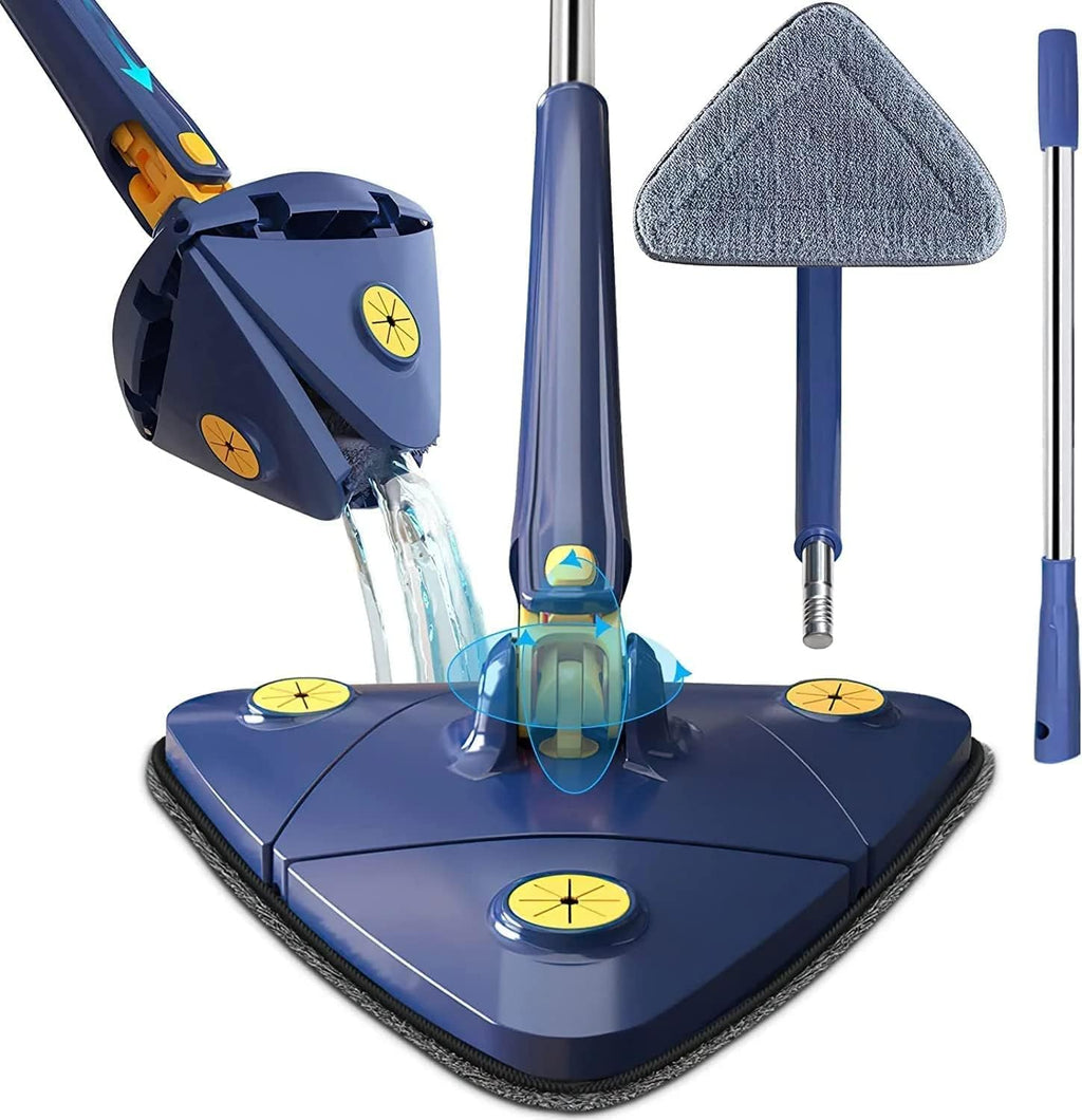 Triangle Mop with 360° Rotating Head, Adjustable Steel Handle, Wet & Dry Cleaning, Navy Blue