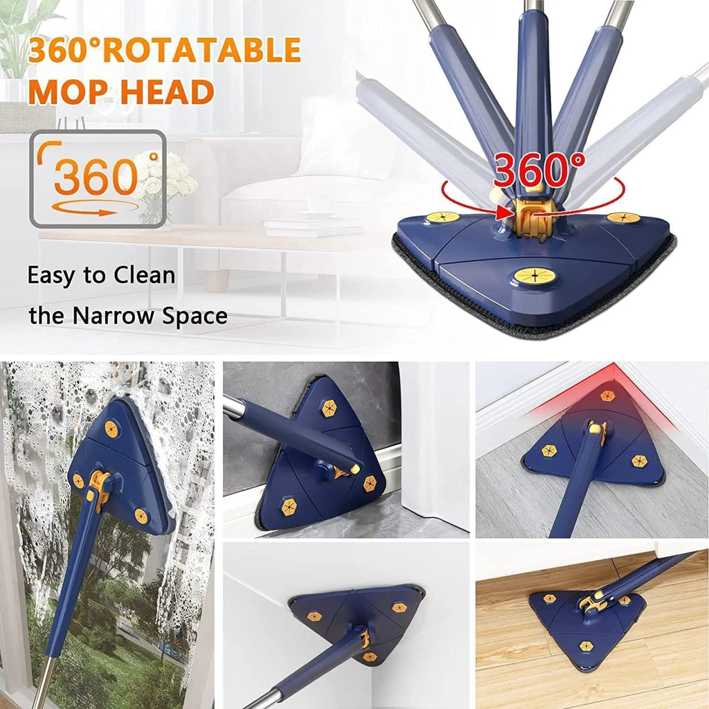 Triangle Mop with 360° Rotating Head, Adjustable Steel Handle, Wet & Dry Cleaning, Navy Blue