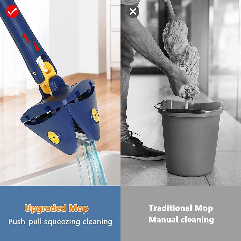Triangle Mop with 360° Rotating Head, Adjustable Steel Handle, Wet & Dry Cleaning, Navy Blue