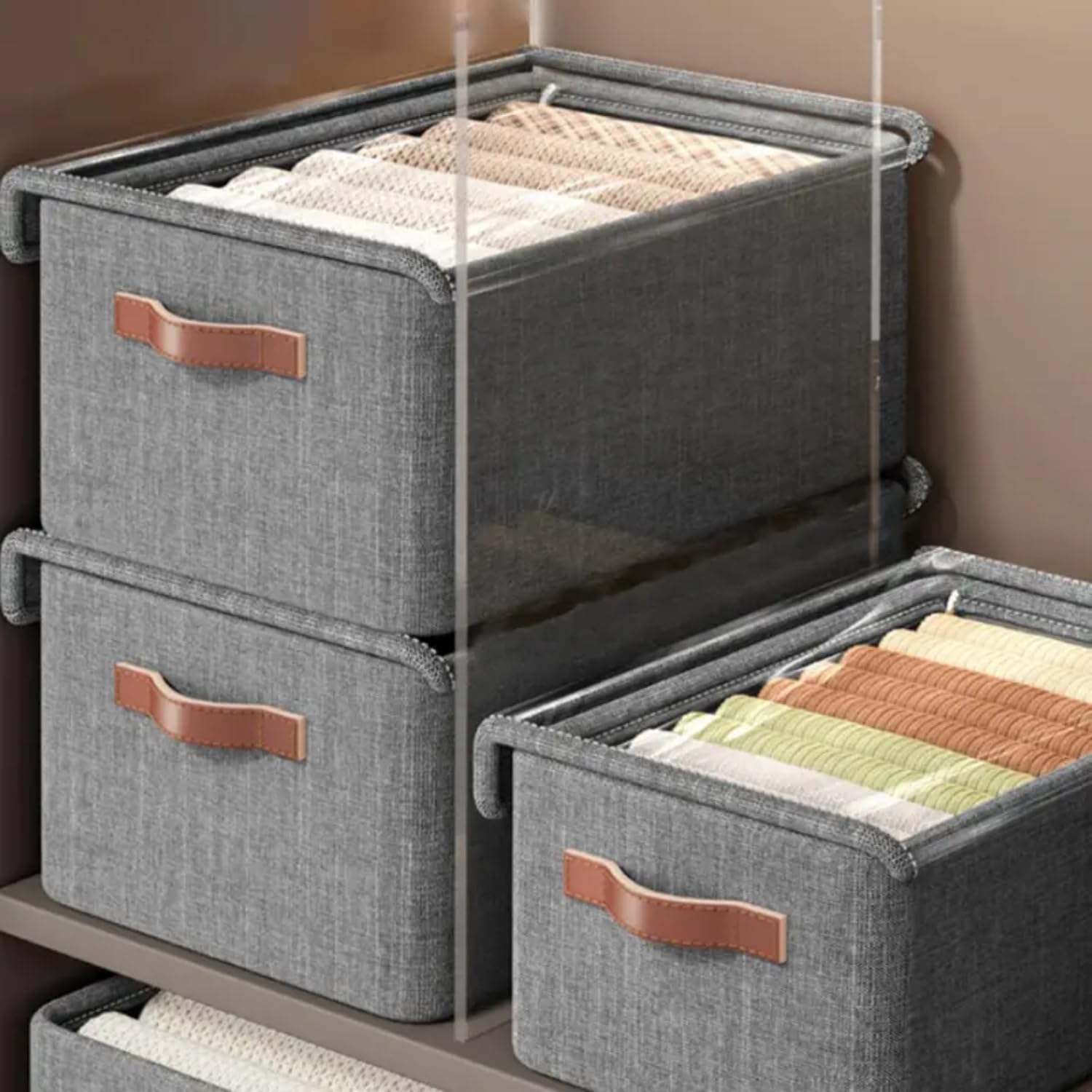 Wardrobe Organizer For Clothes, Storage Basket with Lid Dustproof Organisers Storage Box with Metal frame Clothes Cover Storage Organizer for Wardrobe Cupboard Racks and Shelves