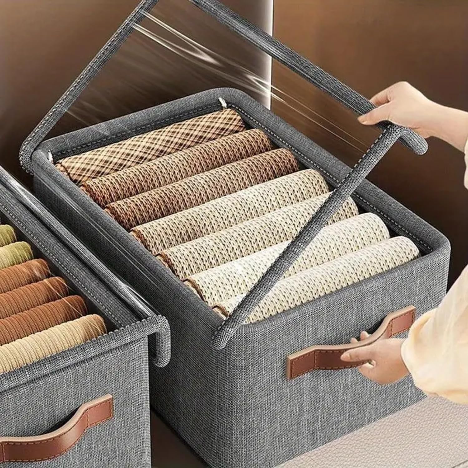 Wardrobe Organizer For Clothes, Storage Basket with Lid Dustproof Organisers Storage Box with Metal frame Clothes Cover Storage Organizer for Wardrobe Cupboard Racks and Shelves