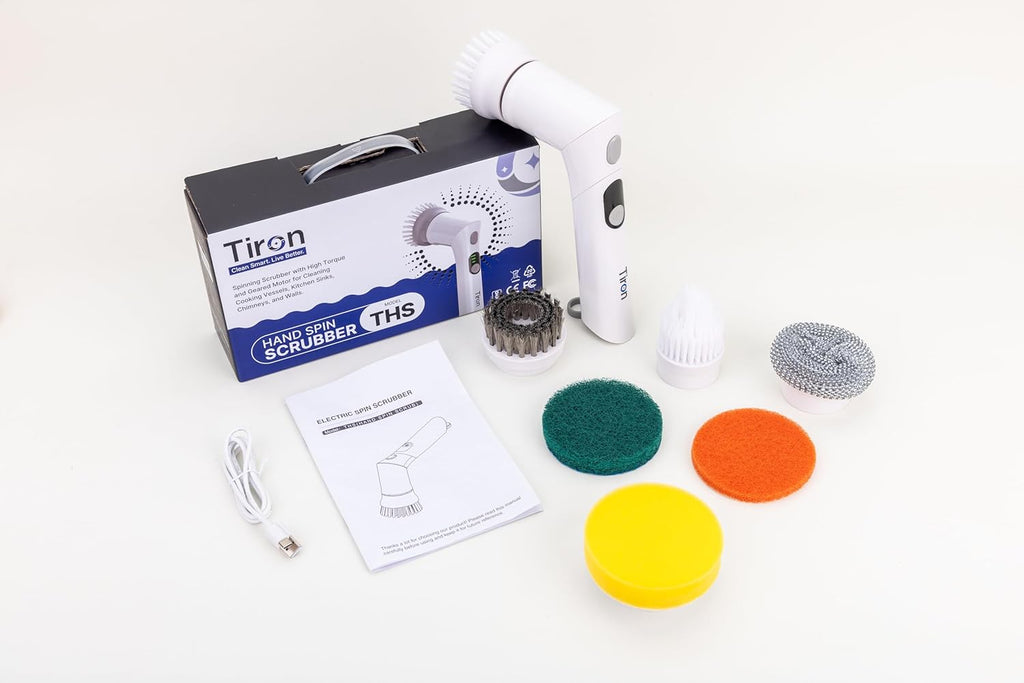 TIRON THS Electric Spin Scrubber | 16Kg Torque for Powerful Scrubbing, 7 Interchangeable Brushes for Kitchen, Bathroom and Floor Cleaning | 90 Min Run Time | Rechargeable 2500mAh Battery