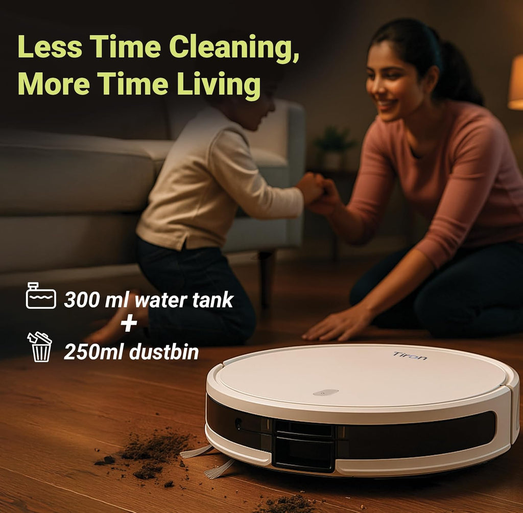 TIRON TRV 10P Robotic Vacuum Cleaner |Dual Action Cleaning, Powerful 5000 Pa Hyper Suction, 2600mAh Battery, Smart Point Laser Sensors | Automatic Mopping Machine, White