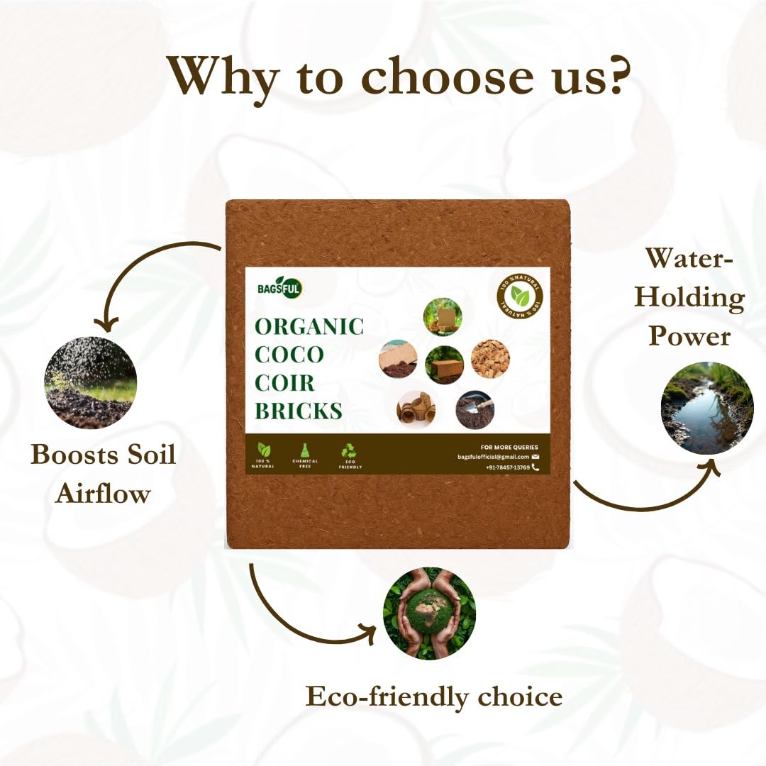 Cocopeat Block - 5 KG  Expands Upto 150 litres, 10.5 x 15 cm) - Organic Fertilizer and Soil Manure Potting Mixture for Home Gardening and Potted Plants