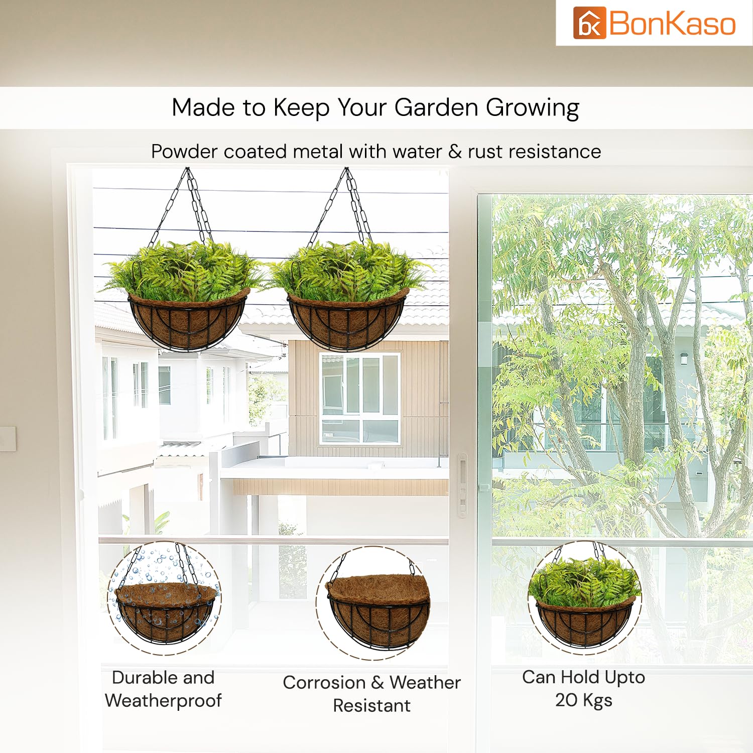 10-Inch Coir Hanging Basket with Metal Chain (Set of 2) | Coco Liner Hanging Planter for Balcony, Garden, Indoor & Outdoor Use | Decorative Hanging Pot for Plants