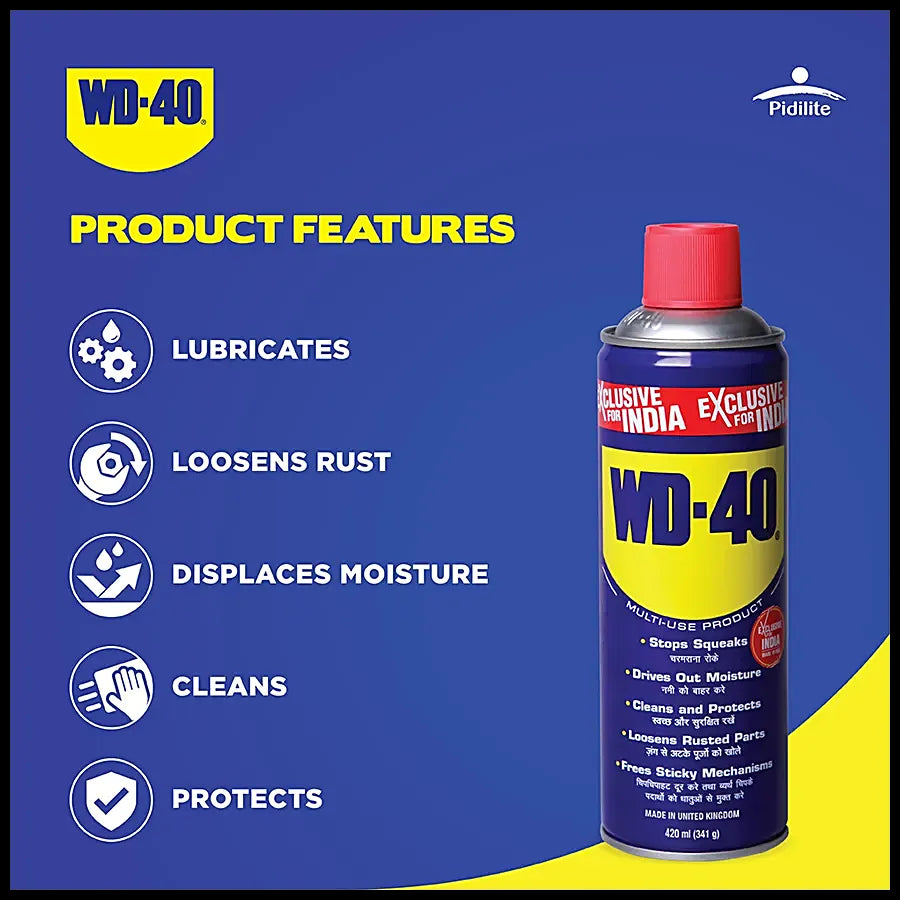 WD-40, Multipurpose Spray, Lubricant, Rust Remover, Cleans Bike Chains, Squeak Noise Remover, Stain Remover, and Cleaning Agent, 170g