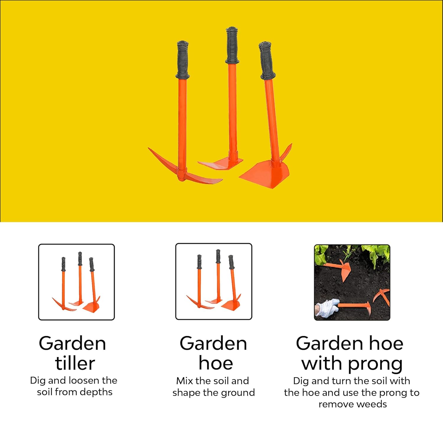 Garden Tool Kit - Garden Tiller - Garden Hoe - Garden Hoe with Prong, Orange