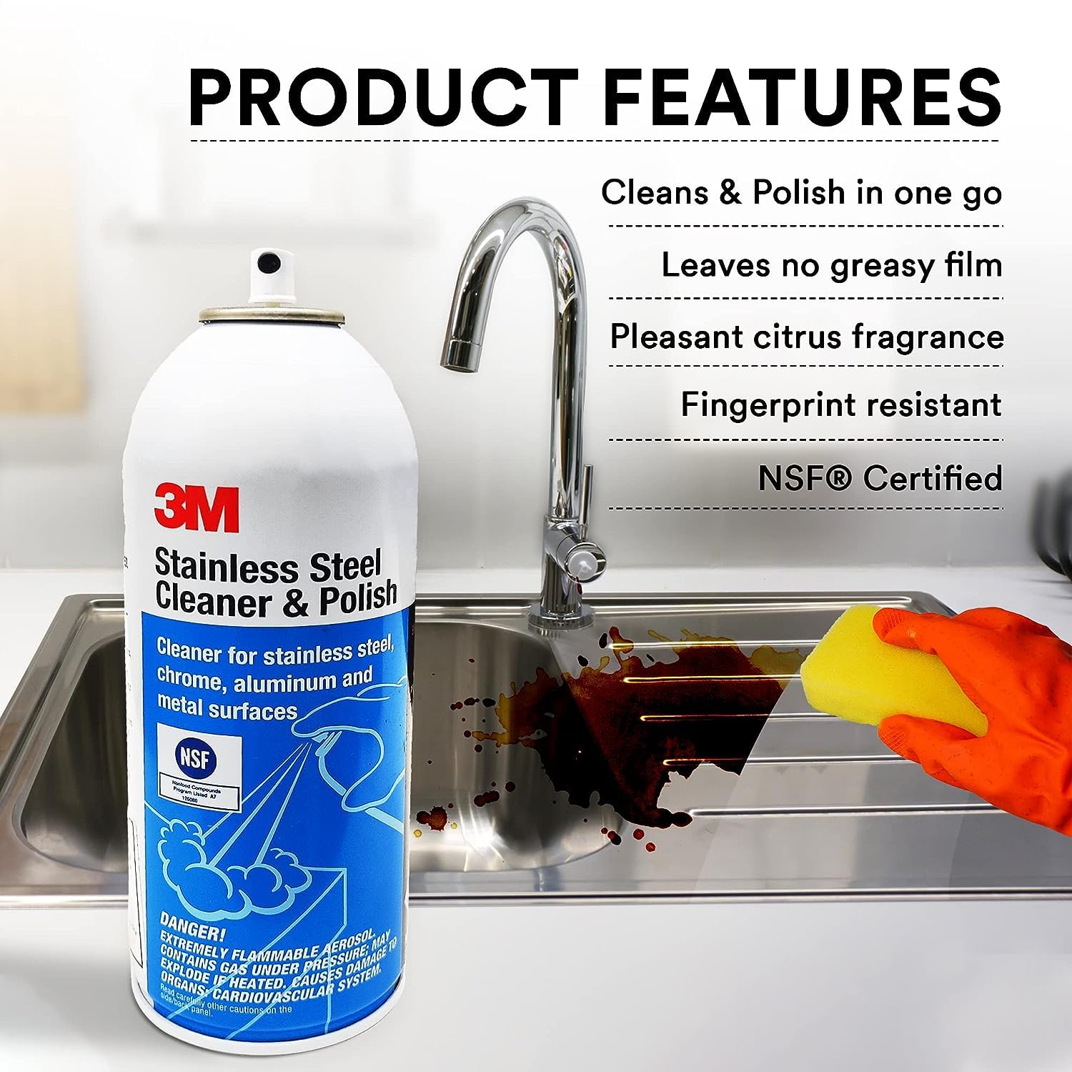3M Stainless Steel Cleaner & Polish, Cleaning Spray Foam, Ready to Use Cleaner for Metal Surfaces, Remove Water Stain Mark & Fingerprints, Resists Streaking, Non Greasy & Pleasant Fragrance -283gm