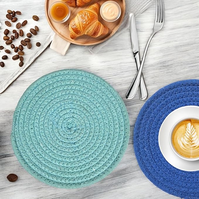 SereneHomes Blue Cotton Trivet Coasters Set of 3 for Dining, Centre, and Side-Table, Kitchen Countertop Platform (Blue) 18 cms, Perfect as Hot Pads