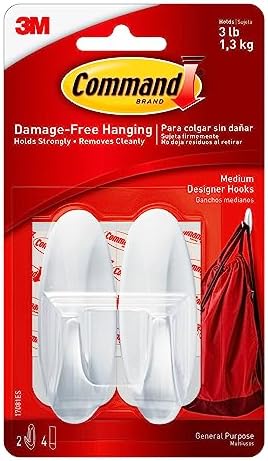 3M Command, Medium Designer wall hooks, Upto 1.3kg Heavy duty, Hold Strongly, Reusable Adhesive hooks for wall, Multi-surface damage free hooks for hanging (white , 2 hooks, 4 strips), Plastic