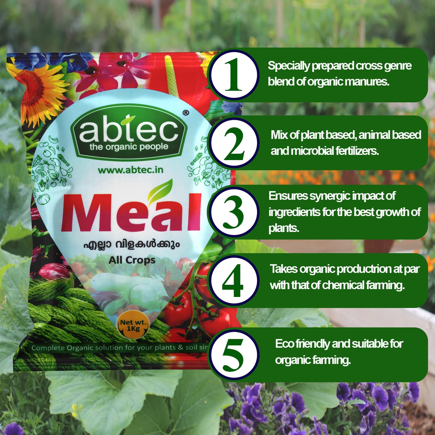 abtec, the organic people Meal Enriched Organic Manure, Balanced Combination of Bone Meal, Leather Meal, Neem Cake Products and Other Organic Materials - 1Kg