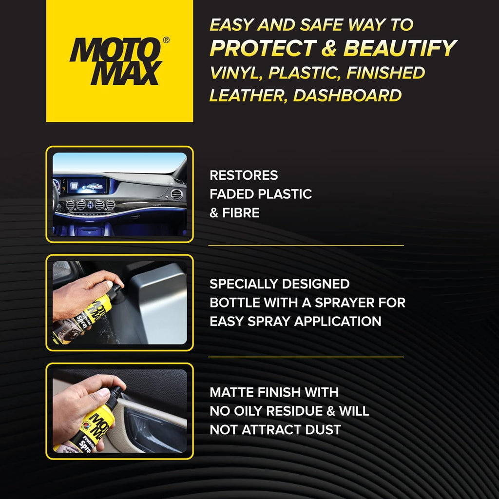 Motomax Protectant Spray (200 ml)| Repels dust, pollutants| Protect, Restore faded vinyl, plastic, leather, dashboard, rubber, tyres of Cars, Bikes, Motorcycles & Scooty| Provides long lasting shine