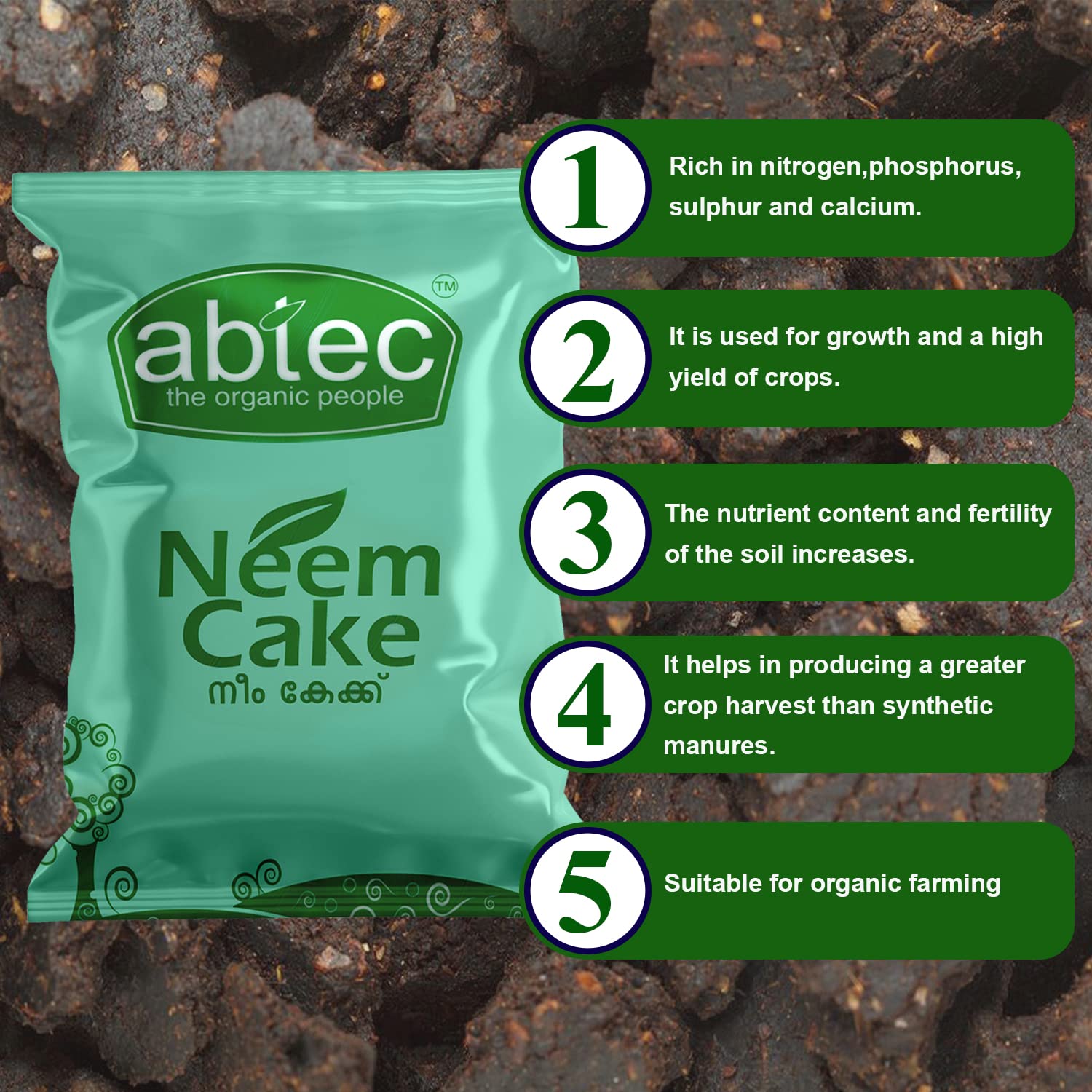 abtec, the organic people Organic Manure Neem Cake With Micro Nutrients, Controls Plant Diseases and Pests Effective Against Nematodes, Suitable for All Crops - 2 Kg