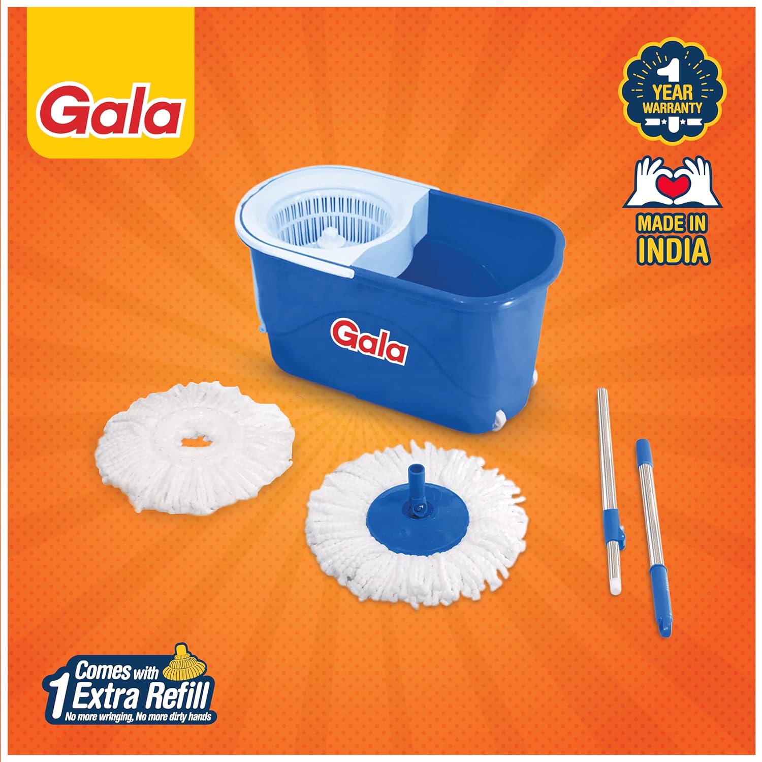 Gala Plastic Quick Spin Mop,Easy Wheels & Big Bucket With 2 Microfiber Refills, Floor Cleaning Mop With Bucket, Pocha For Floor Cleaning, Mopping Set(White And Blue)