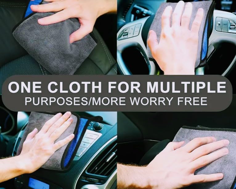 Microfiber Cleaning Clothes 800 GSM 40 cm & 40 cm Premium Car Cleaning Cloth, Dual-Sided Microfibre, Blue and Grey - 3pc