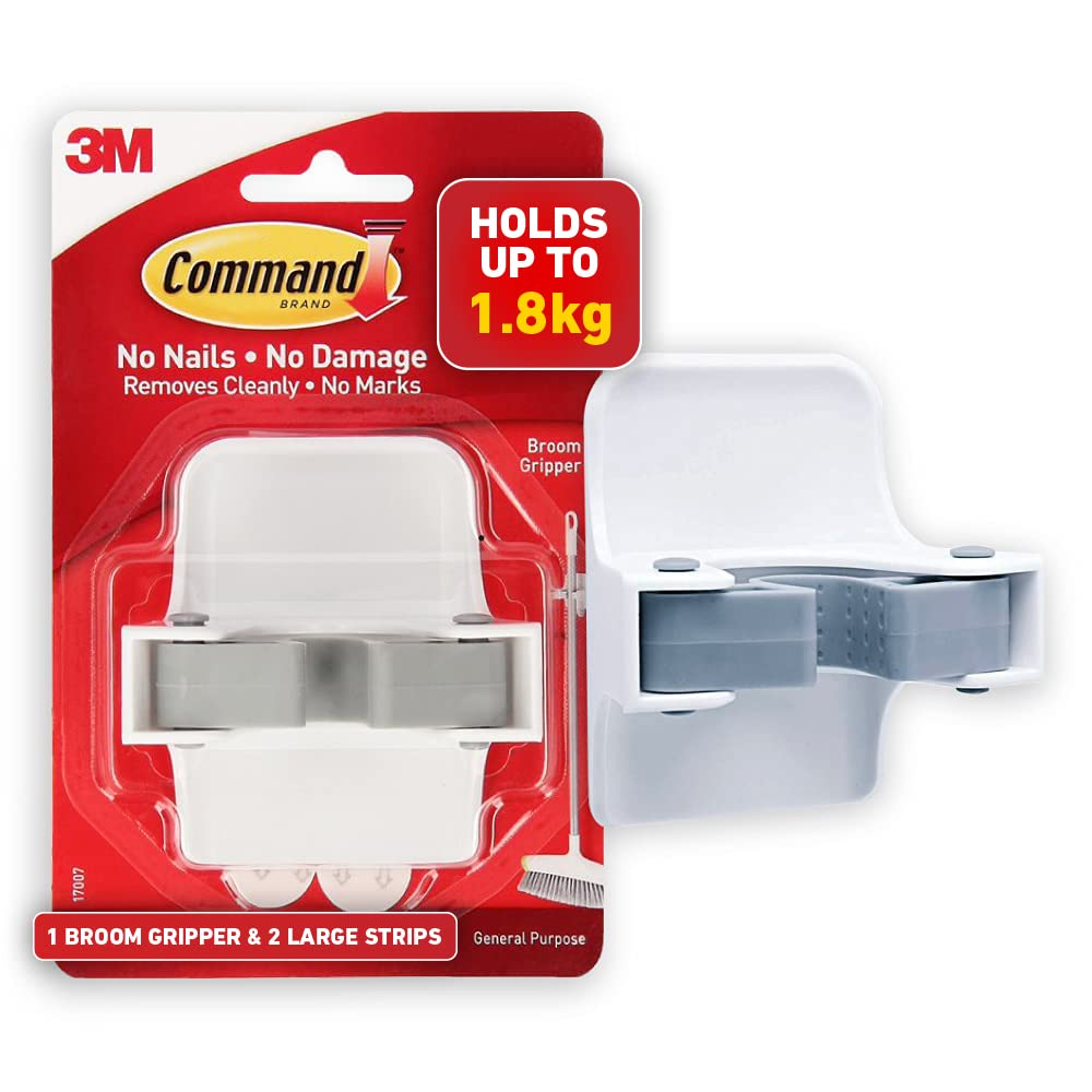 3M Command Broom Gripper,1 Hook and 2 Strips,Self Adhesive,Damage Free Walls, Holds 1.8kg,White