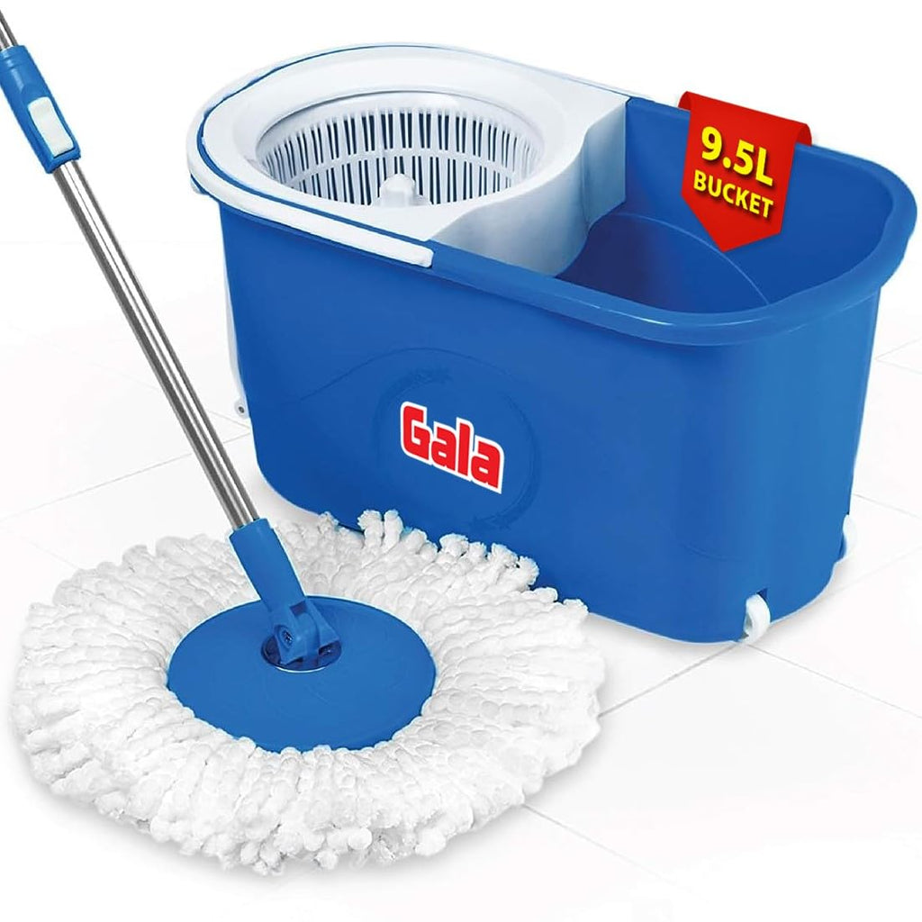 Gala Plastic Quick Spin Mop,Easy Wheels & Big Bucket With 2 Microfiber Refills, Floor Cleaning Mop With Bucket, Pocha For Floor Cleaning, Mopping Set(White And Blue)
