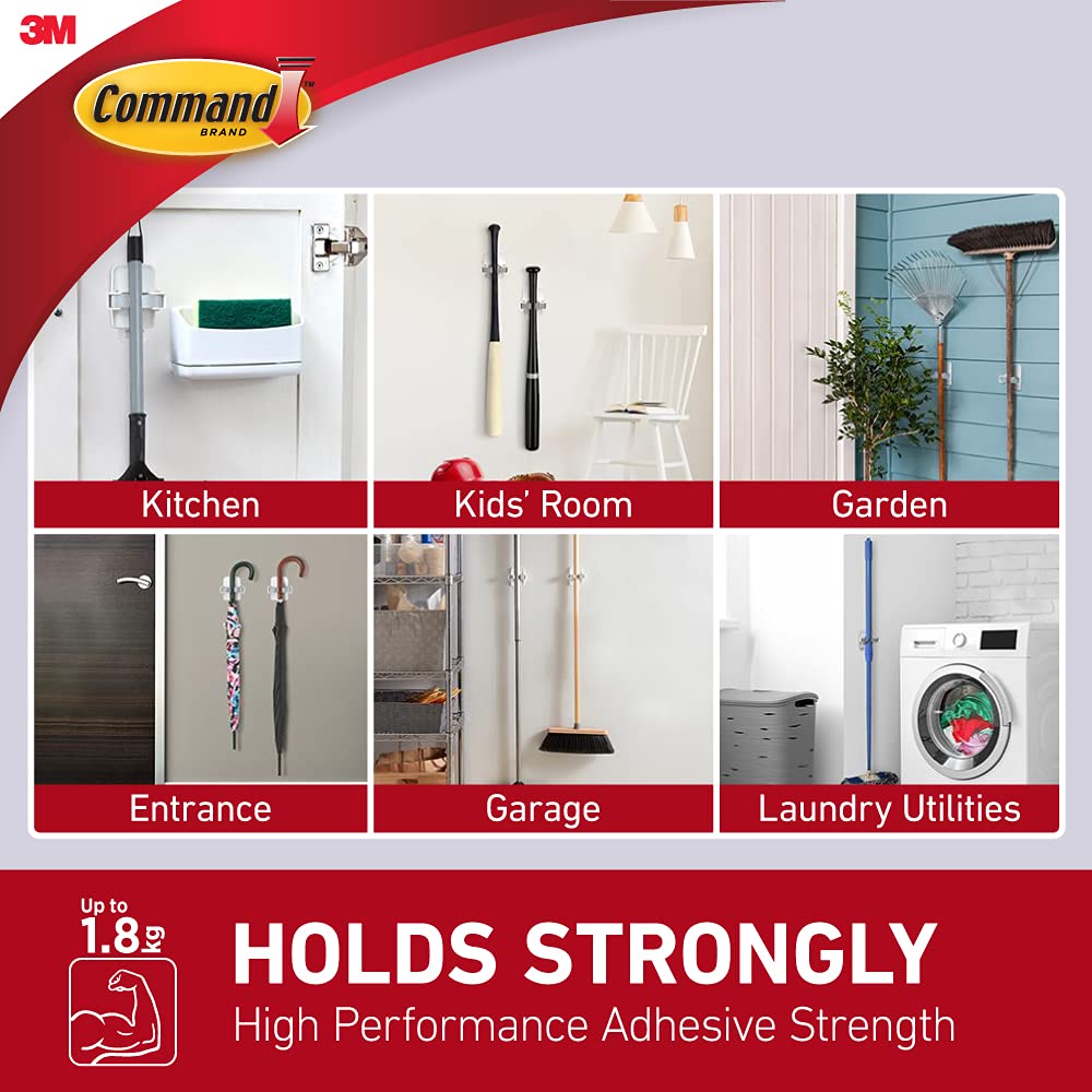 3M Command Broom Gripper,1 Hook and 2 Strips,Self Adhesive,Damage Free Walls, Holds 1.8kg,White