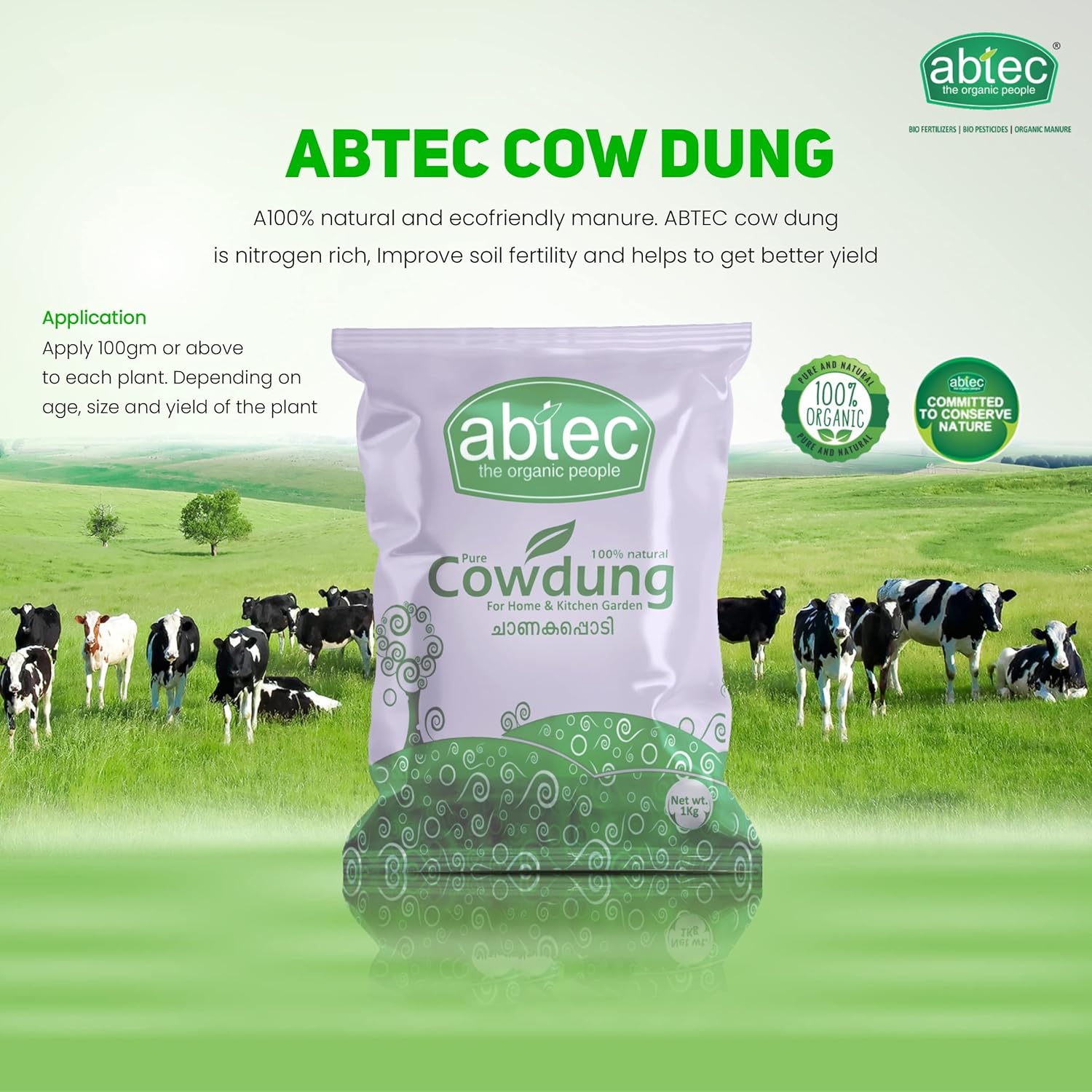 abtec, the organic people Cow Dung Powder Organic Fertilizer Manure, Suitable for All Plants - 1 Kg