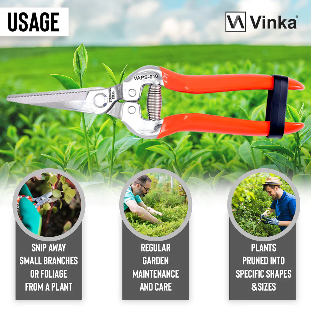 Pruning Snip Secateur Pruner | Item Code VAPS-10 | Garden Cutter Flower Fruit Snip | Stainless Steel Serrated 7.5" Blades