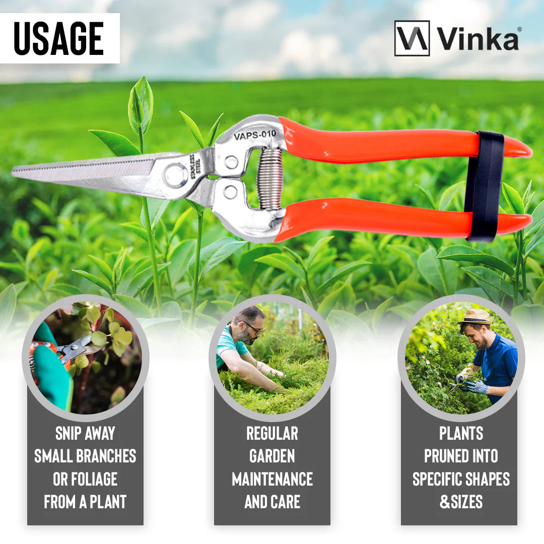 Pruning Snip Secateur Pruner | Item Code VAPS-10 | Garden Cutter Flower Fruit Snip | Stainless Steel Serrated 7.5" Blades